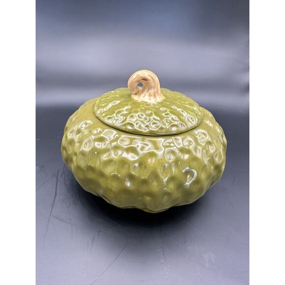 Vintage Realistic Olive Green Ceramic Gourd Lidded Box by Stone Lite Fall Decor - Picture 2 of 7
